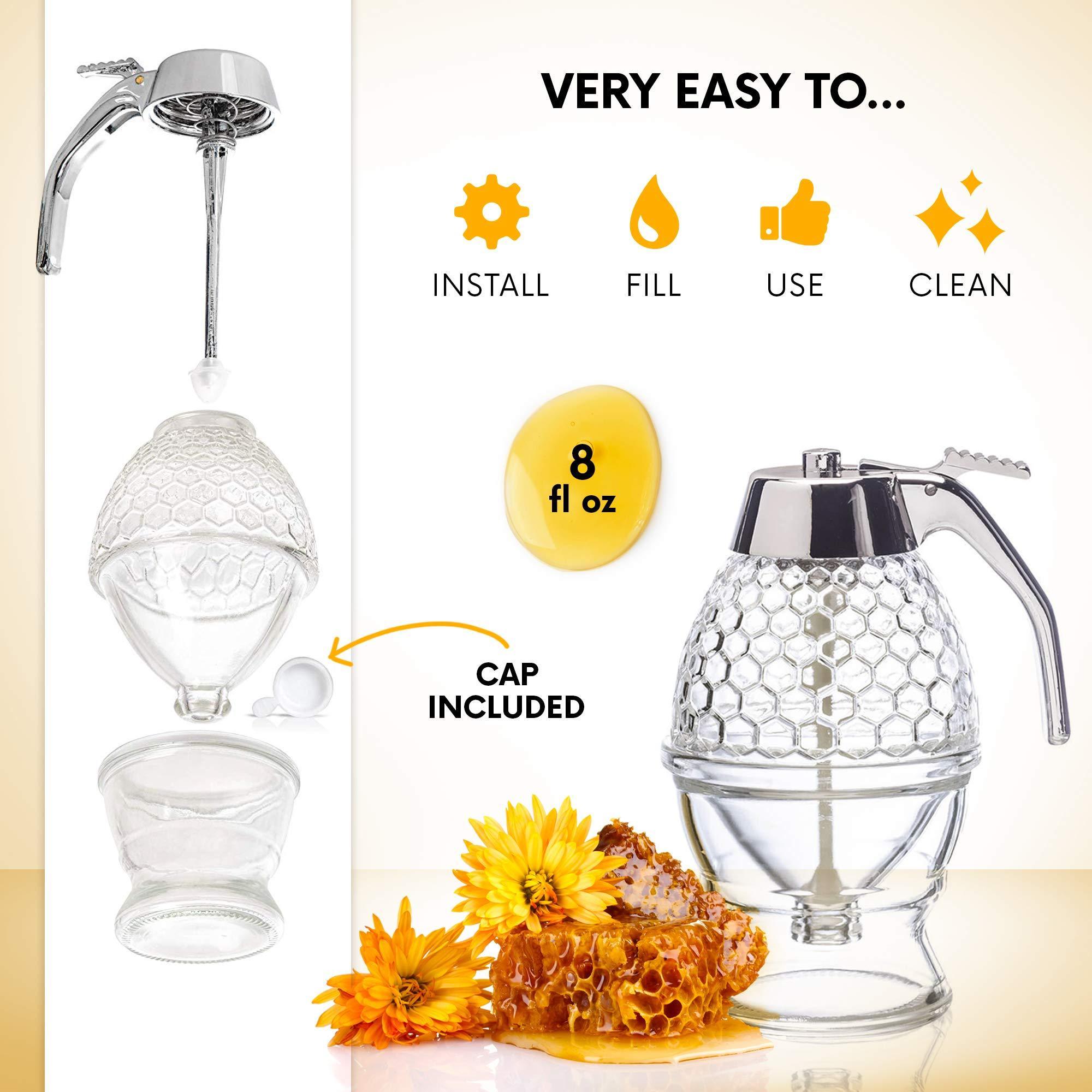 Honey Dispenser Turn Cap Glass Honey Glass No Drip Syrup Dispenser Jar with Stand multiuse dispenser for Home Kitchen