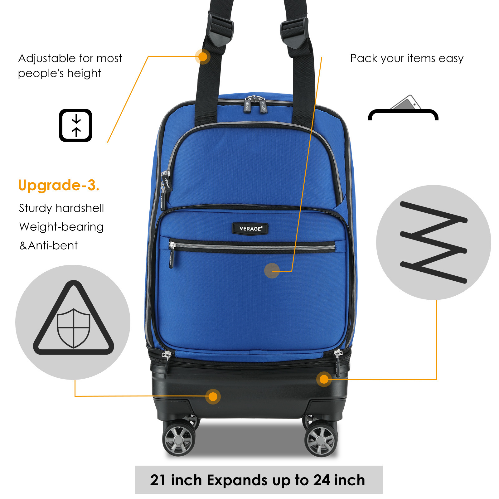 VERAGE lightest foldable luggage large size removable 8 spinner wheels travel trolley suitcase carry on 24 inches