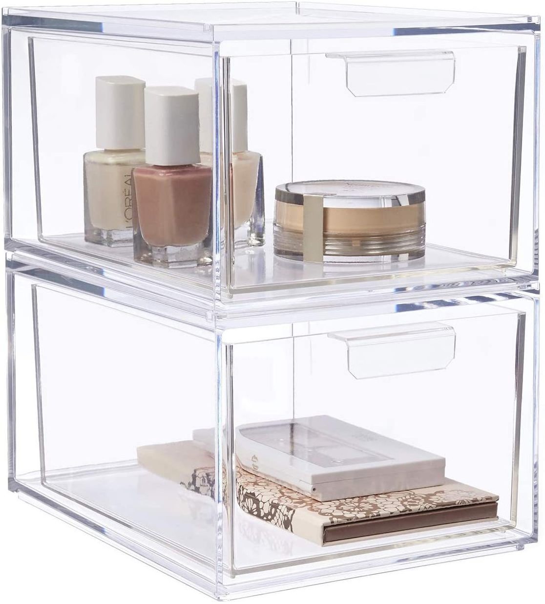 2 Pack Stackable Makeup Organizer With Drawers Big clear make up organizer for bathroom