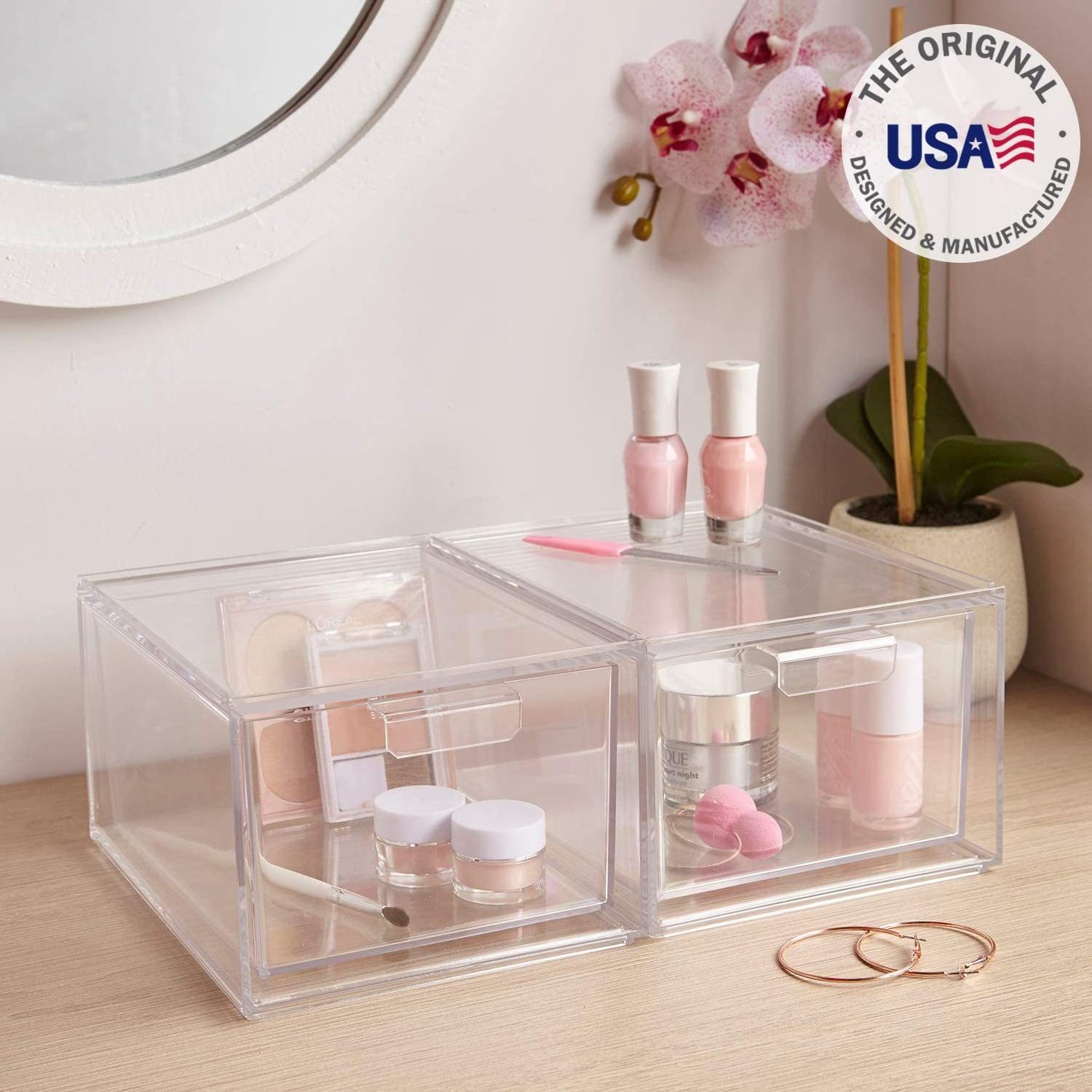 2 Pack Stackable Makeup Organizer With Drawers Big clear make up organizer for bathroom