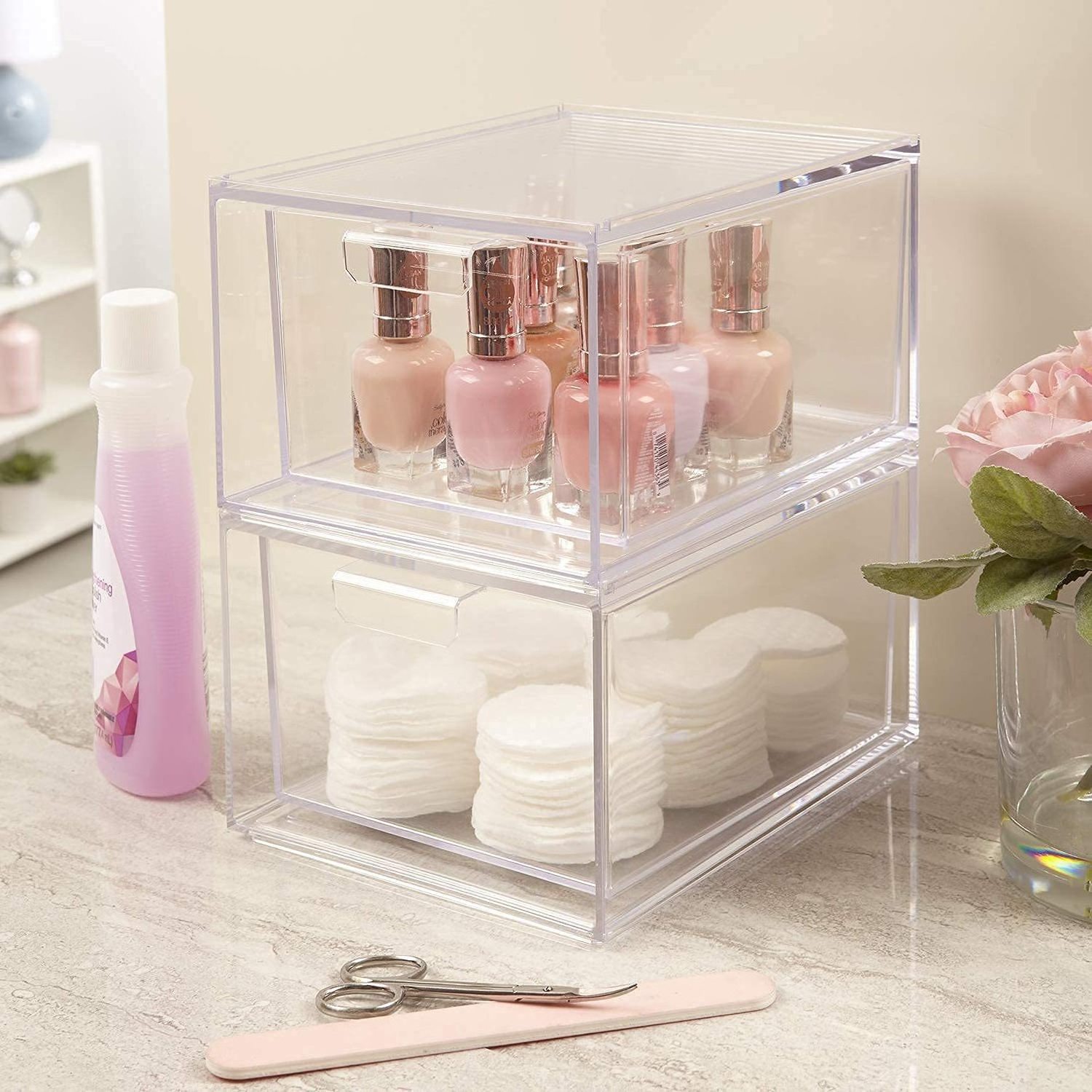 2 Pack Stackable Makeup Organizer With Drawers Big clear make up organizer for bathroom