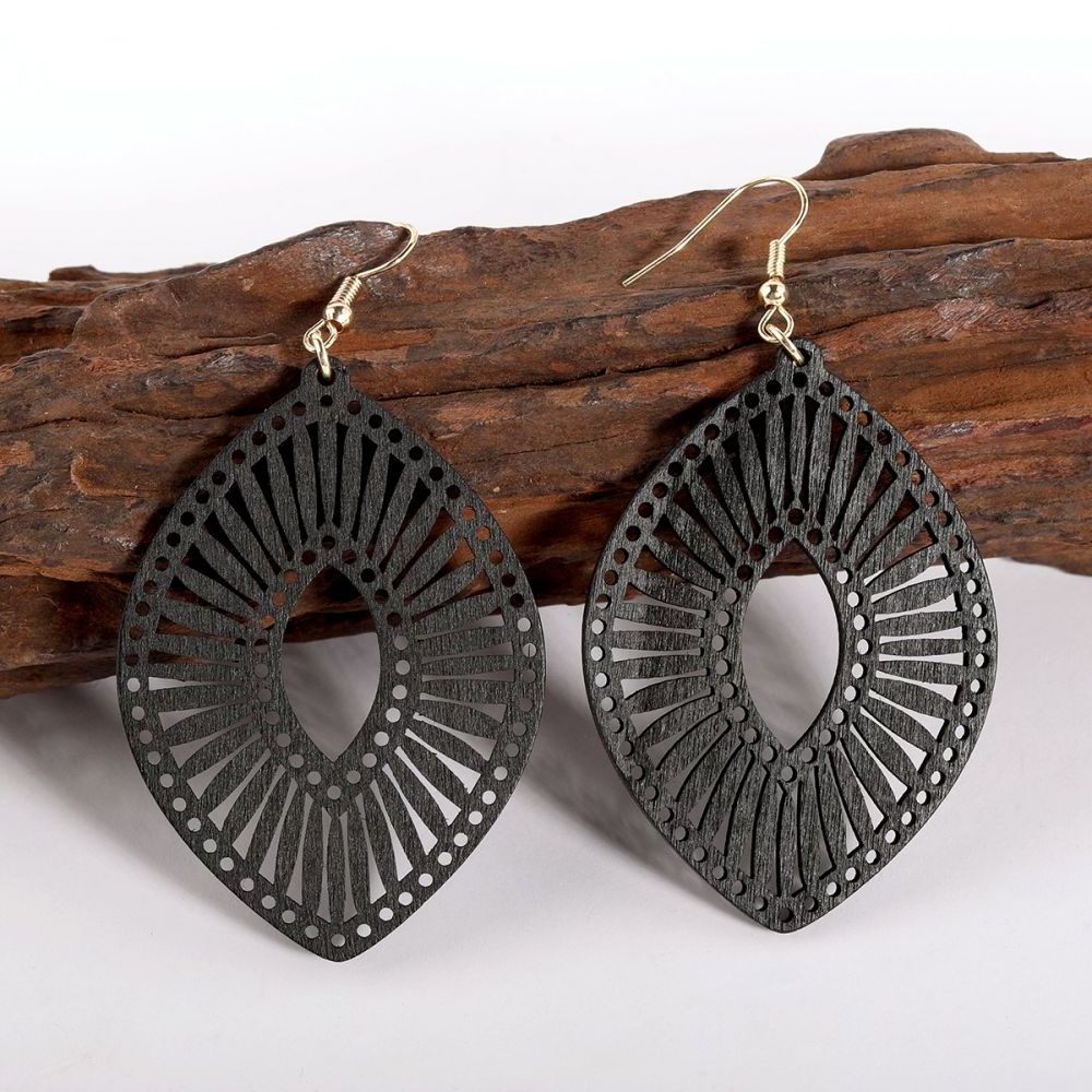 Fashion Hollow Out Black Geometric Carved Wooden Earrings Wholesale Wooden Earrings African Women Low MOQ