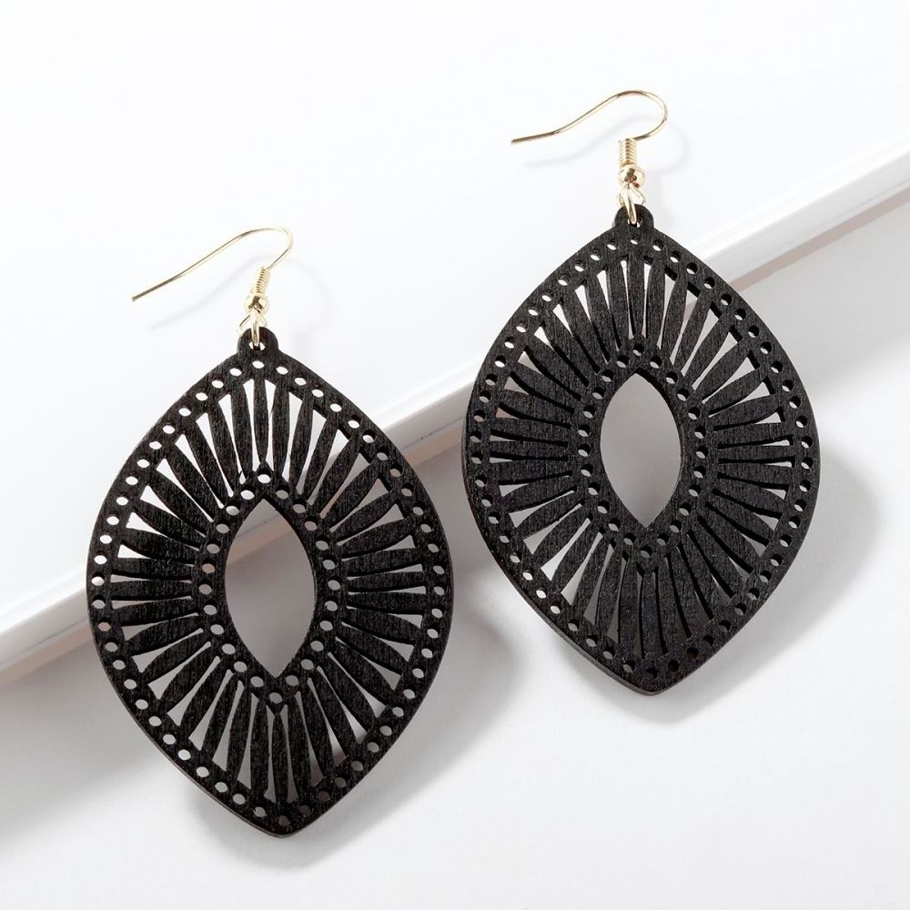 Fashion Hollow Out Black Geometric Carved Wooden Earrings Wholesale Wooden Earrings African Women Low MOQ