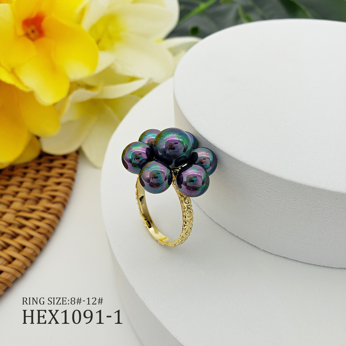 Hot Sale Hawaiian Pearl Rings Gold Flower Ring Women Black Custom Pearl Ring For Hawaii Gifts