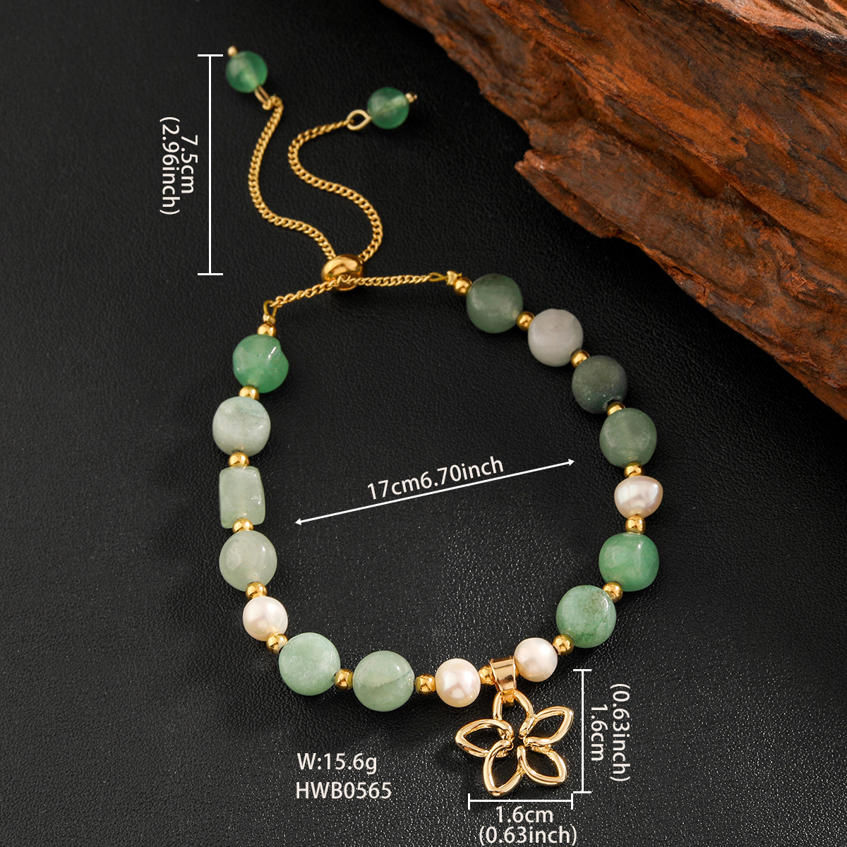 Hot selling irregular natural stone  14k gold plating flower charms adjustable green jade and pearl bracelet