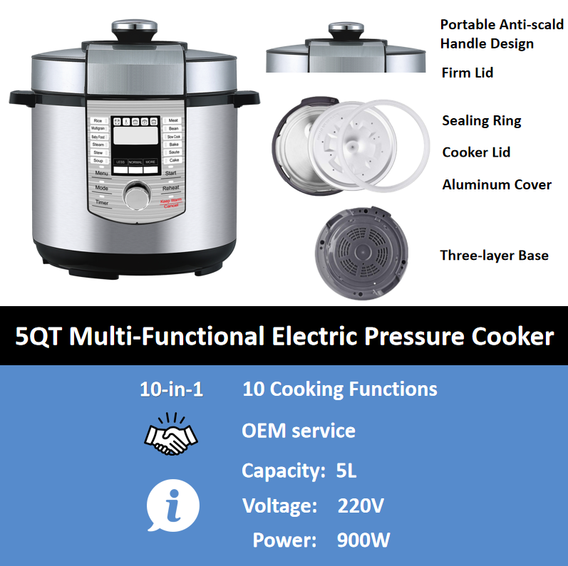 5QT Multi Function Electric Pressure Cooker Stainless Steel Cover Nonstick Inner Pot for Household Kitchen