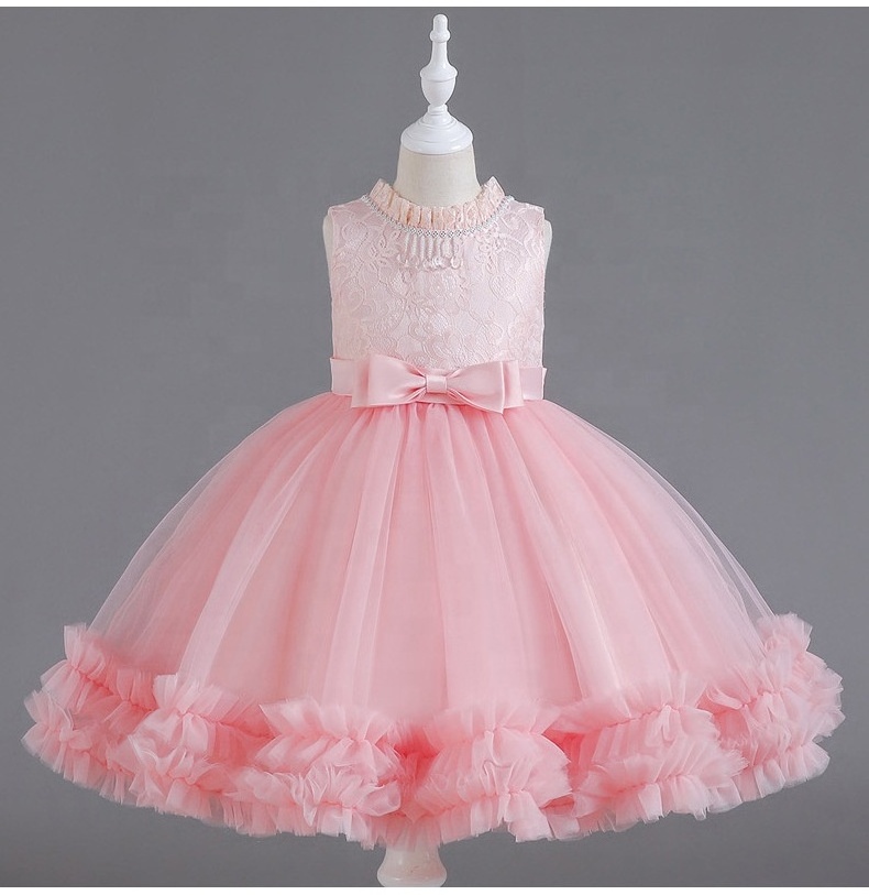 Fashion Sleeveless Petal Collar Puffy Flower Girls Dress O-neck Princess Fluffy  Ball Grown Sweet Pure Color Little Girls Dress