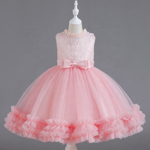 Fashion Sleeveless Petal Collar Puffy Flower Girls Dress O-neck Princess Fluffy  Ball Grown Sweet Pure Color Little Girls Dress