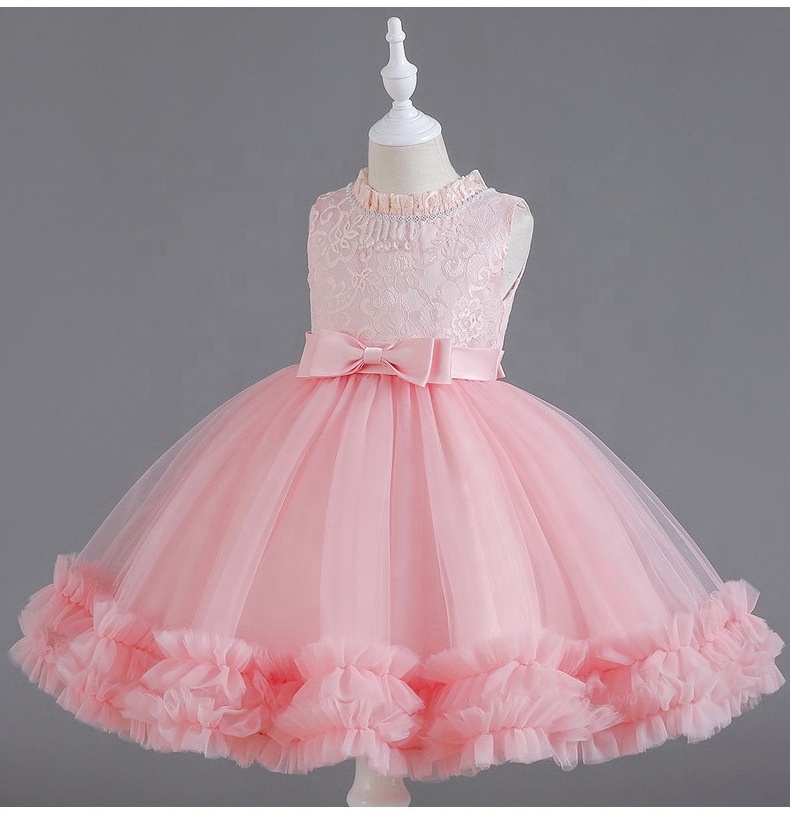 Fashion Sleeveless Petal Collar Puffy Flower Girls Dress O-neck Princess Fluffy  Ball Grown Sweet Pure Color Little Girls Dress