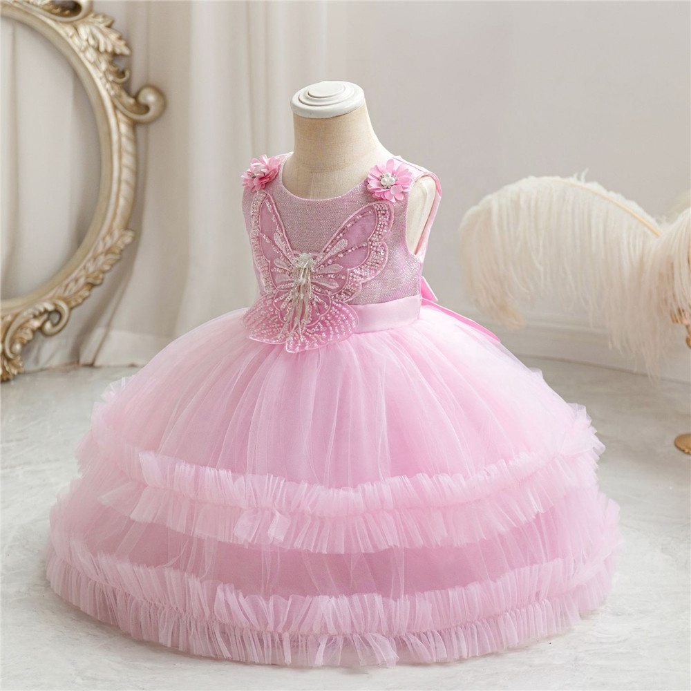 New Sequin Baby Girl Shiny Butterfly Princess Kids White Lace Puffy Wedding Gown Dresses Sleeveless Girls Birthday Party Dress