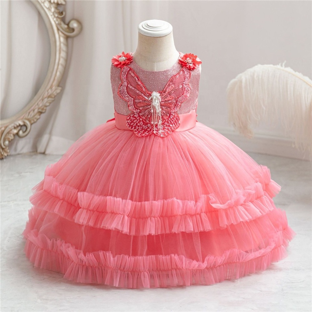 New Sequin Baby Girl Shiny Butterfly Princess Kids White Lace Puffy Wedding Gown Dresses Sleeveless Girls Birthday Party Dress