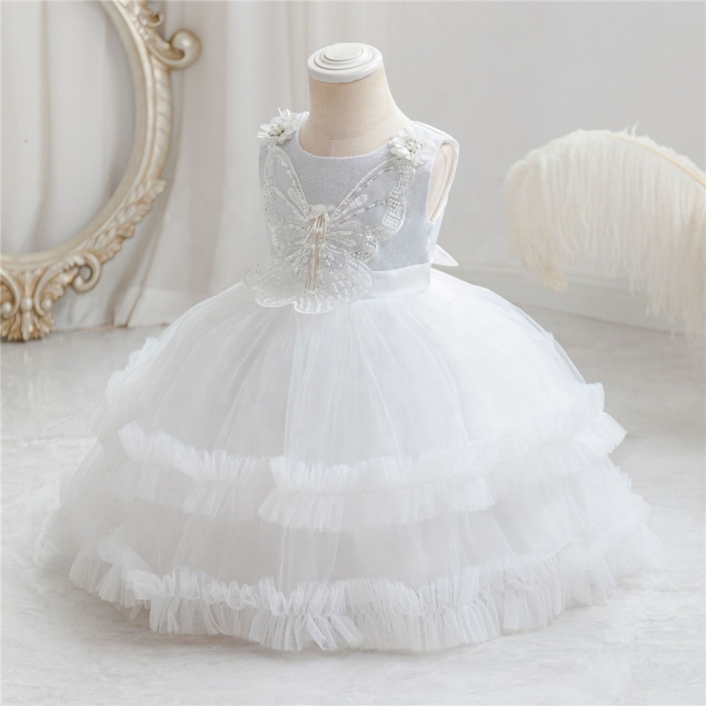 New Sequin Baby Girl Shiny Butterfly Princess Kids White Lace Puffy Wedding Gown Dresses Sleeveless Girls Birthday Party Dress