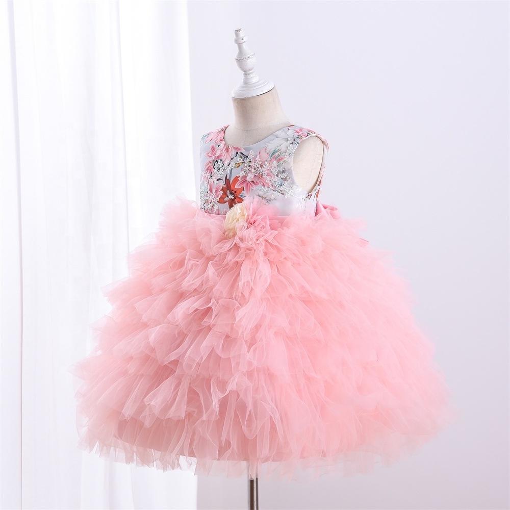 New Kids Party Wear Infant Dresses Pink Tulle Tutu Design Baby Girls Puffy Cake Layered Birthday Dress With Big Bow