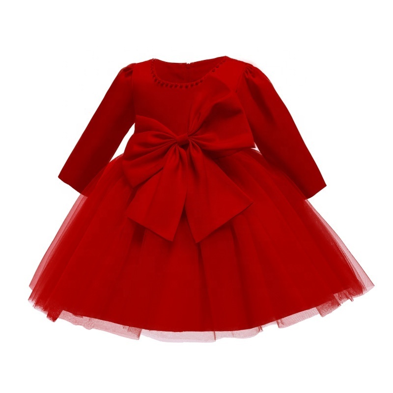 Autumn/Winter Kids First Birthday Dress Long Sleeve Big Bow Dress Baby Pearl Mesh Girls Princess Dress