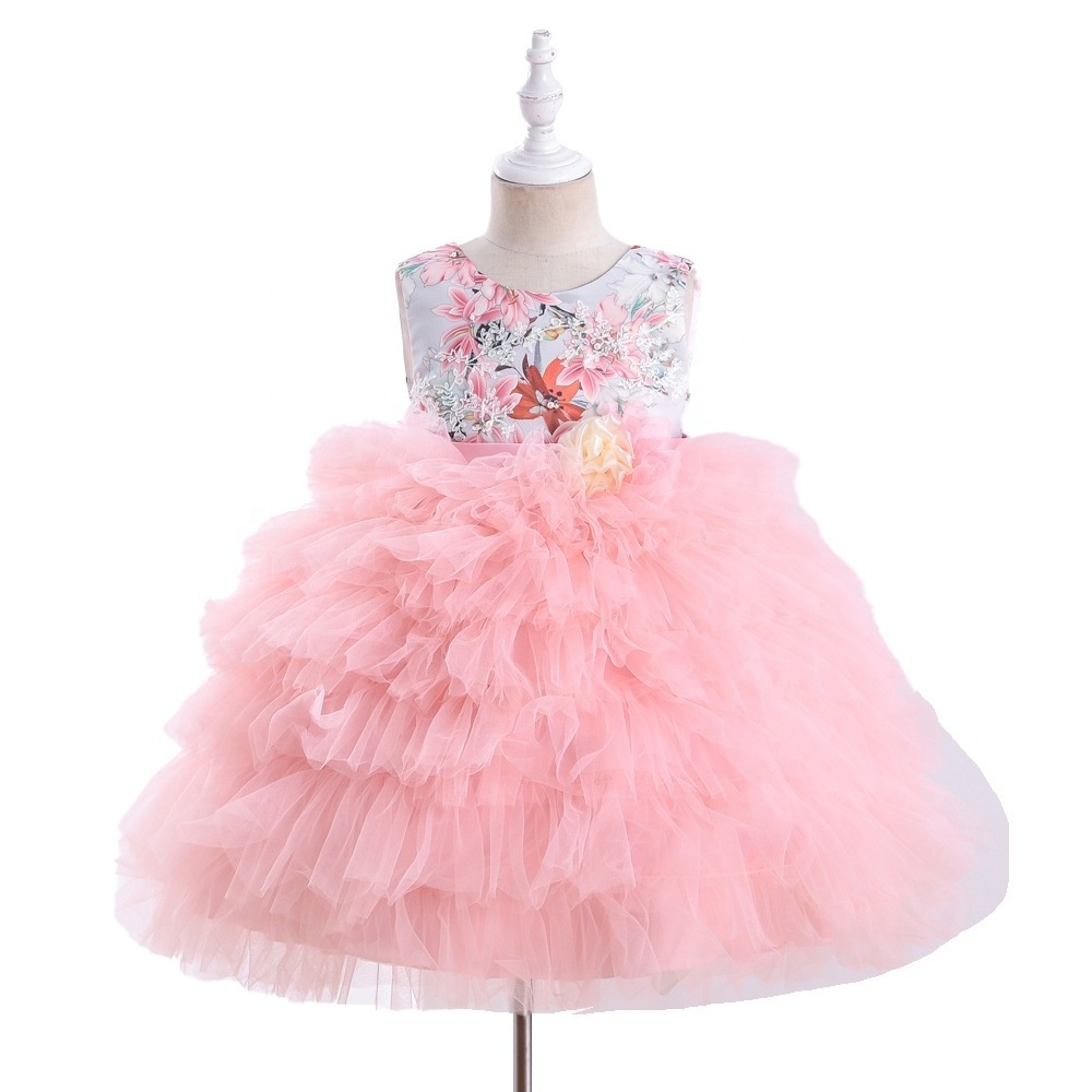 New Kids Party Wear Infant Dresses Pink Tulle Tutu Design Baby Girls Puffy Cake Layered Birthday Dress With Big Bow