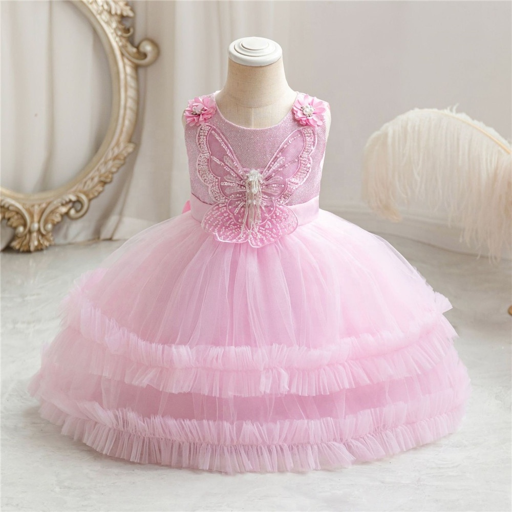 New Sequin Baby Girl Shiny Butterfly Princess Kids White Lace Puffy Wedding Gown Dresses Sleeveless Girls Birthday Party Dress