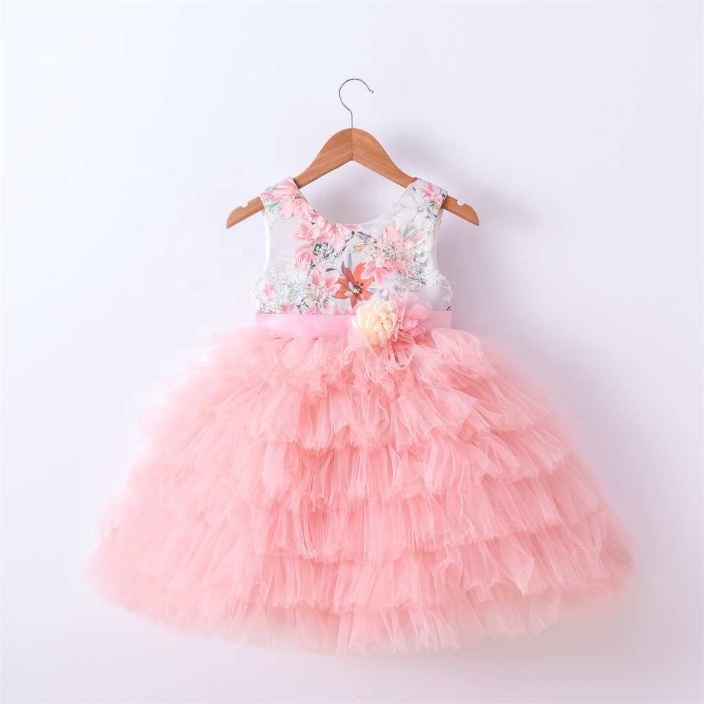 New Kids Party Wear Infant Dresses Pink Tulle Tutu Design Baby Girls Puffy Cake Layered Birthday Dress With Big Bow