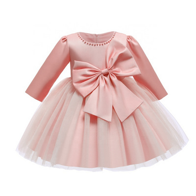 Autumn/Winter Kids First Birthday Dress Long Sleeve Big Bow Dress Baby Pearl Mesh Girls Princess Dress