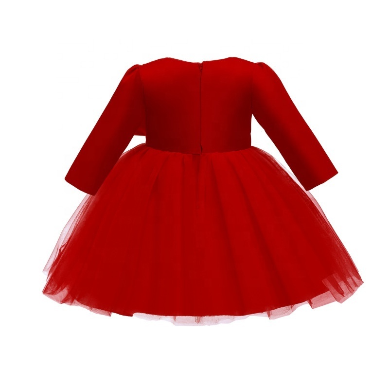 Autumn/Winter Kids First Birthday Dress Long Sleeve Big Bow Dress Baby Pearl Mesh Girls Princess Dress