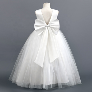 Long White Elegant Prom Gowns Teenagers Dresses For Girl Children Kids Evening Formal Dress For Bridesmaid Wedding With Big Bow