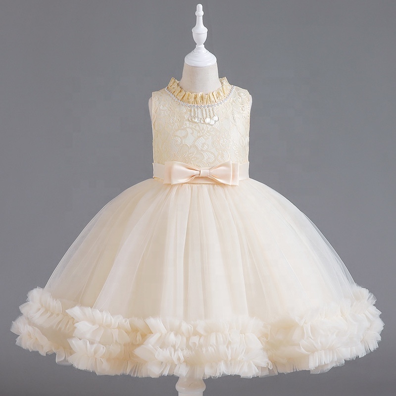 Fashion Sleeveless Petal Collar Puffy Flower Girls Dress O-neck Princess Fluffy  Ball Grown Sweet Pure Color Little Girls Dress