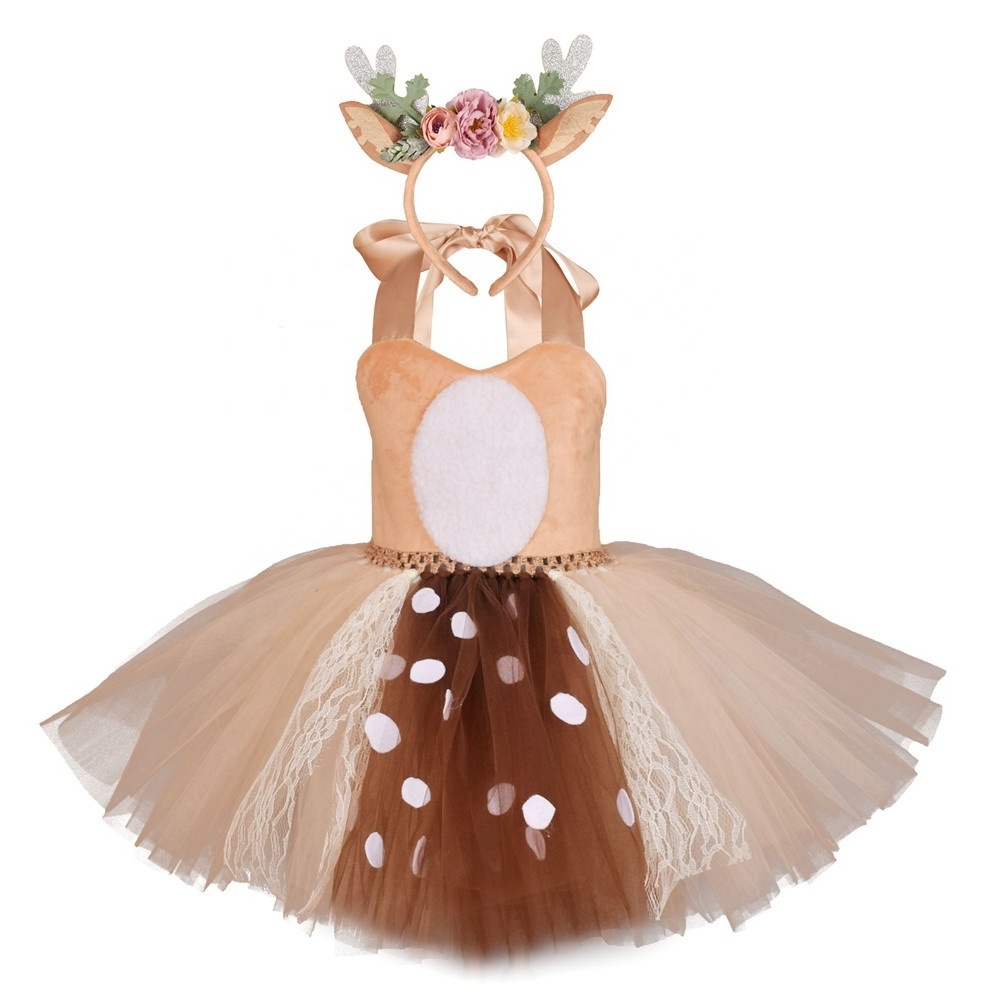 Kids Theme Party Fluffy Tutu Dress Christmas Deer Cosplay Costumes Little Girls Halloween Elk Tutu Skirt Dress