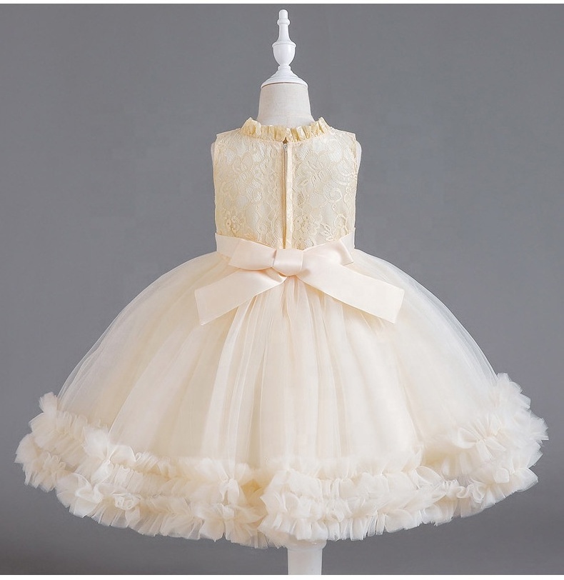 Fashion Sleeveless Petal Collar Puffy Flower Girls Dress O-neck Princess Fluffy  Ball Grown Sweet Pure Color Little Girls Dress