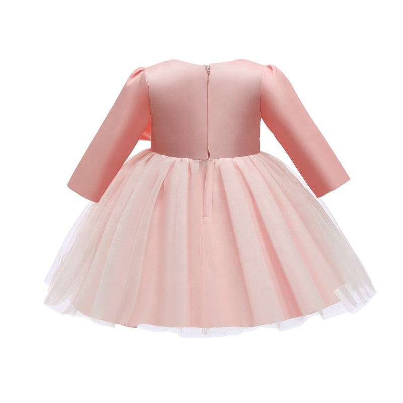 Autumn/Winter Kids First Birthday Dress Long Sleeve Big Bow Dress Baby Pearl Mesh Girls Princess Dress