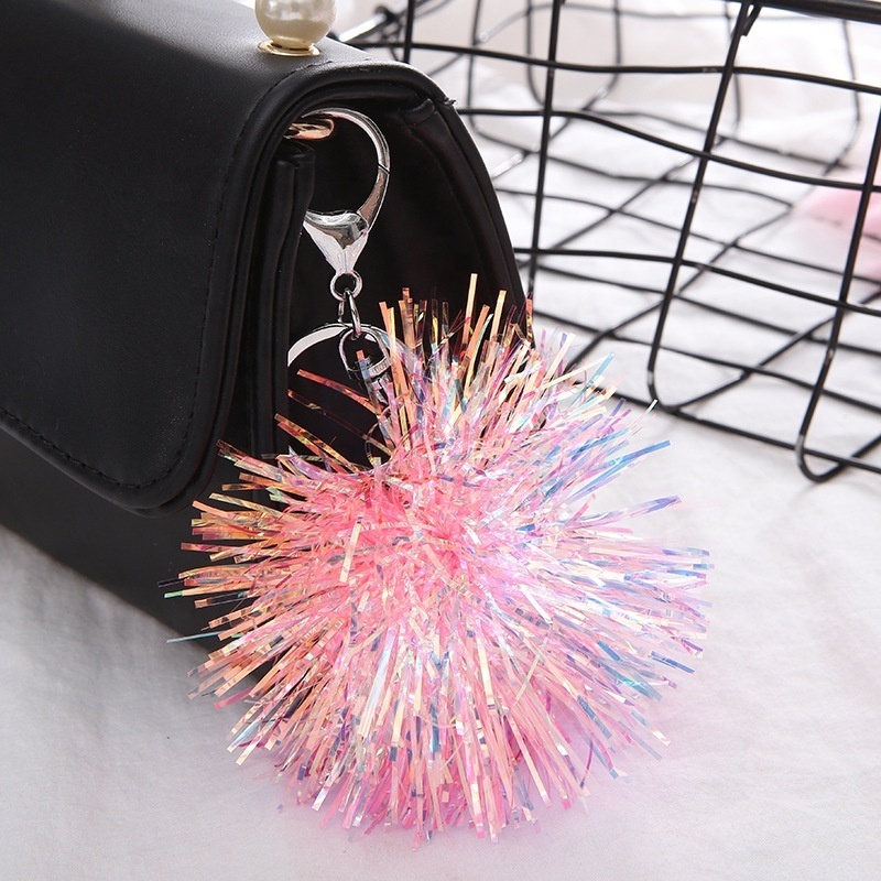 Colorful Wedding Birthday Party Gift Present Kids Girl rainbow film Laser Foil Tassels Fringe Ball Key Ring Keychains