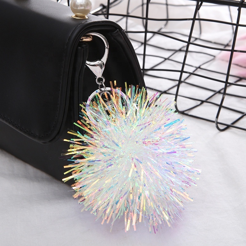 Colorful Wedding Birthday Party Gift Present Kids Girl rainbow film Laser Foil Tassels Fringe Ball Key Ring Keychains