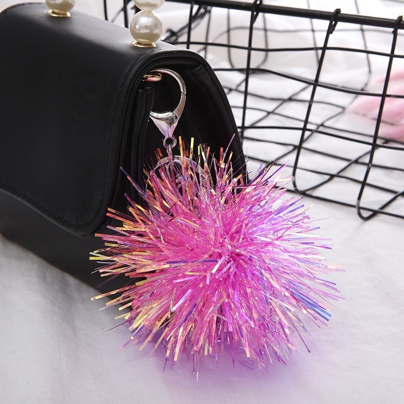 Colorful Wedding Birthday Party Gift Present Kids Girl rainbow film Laser Foil Tassels Fringe Ball Key Ring Keychains