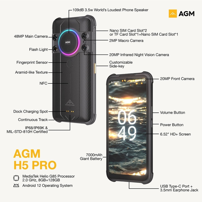 AGM H5 Pro EU Version Rugged Smartphone, 8GB+128GB 4G Android 12 Mobile Phone, Louder Speaker Wireless Charging Rugged Cellphone