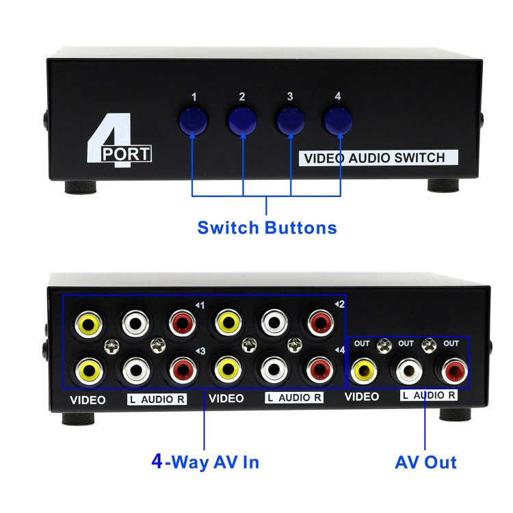 Hot Sale Black Lightweight Mini 4 Port Input 1 Output Audio Video AV RCA Switch Box