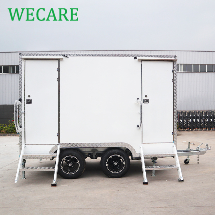 Wecare mobile 2 stalls toilets outdoor luxury portable washroom hdpe restroom trailer toilet camping on wheels