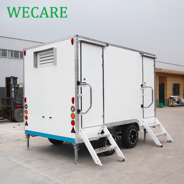 Wecare mobile 2 stalls toilets outdoor luxury portable washroom hdpe restroom trailer toilet camping on wheels