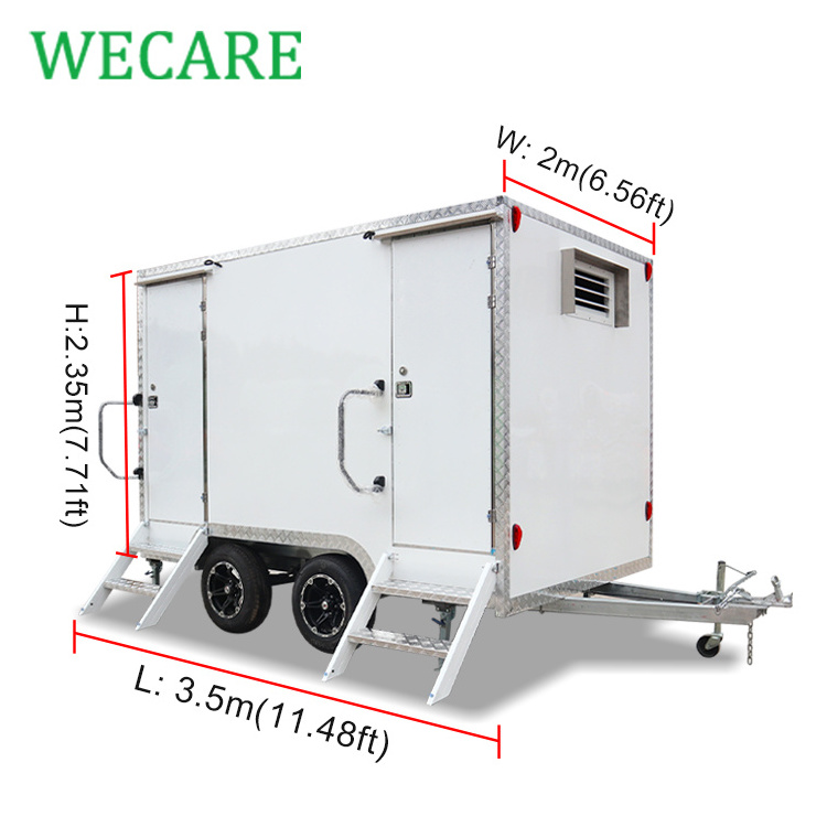 Wecare mobile 2 stalls toilets outdoor luxury portable washroom hdpe restroom trailer toilet camping on wheels