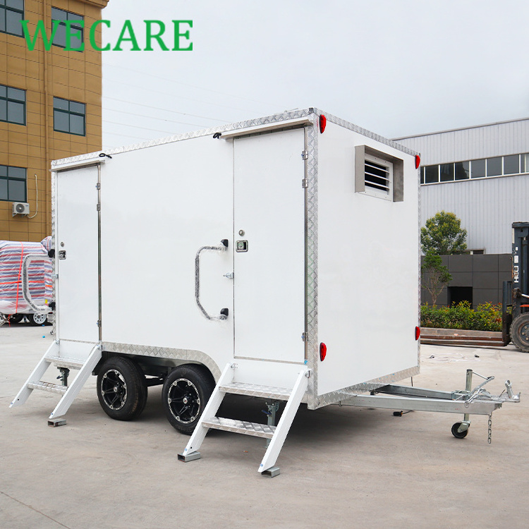 Wecare mobile 2 stalls toilets outdoor luxury portable washroom hdpe restroom trailer toilet camping on wheels