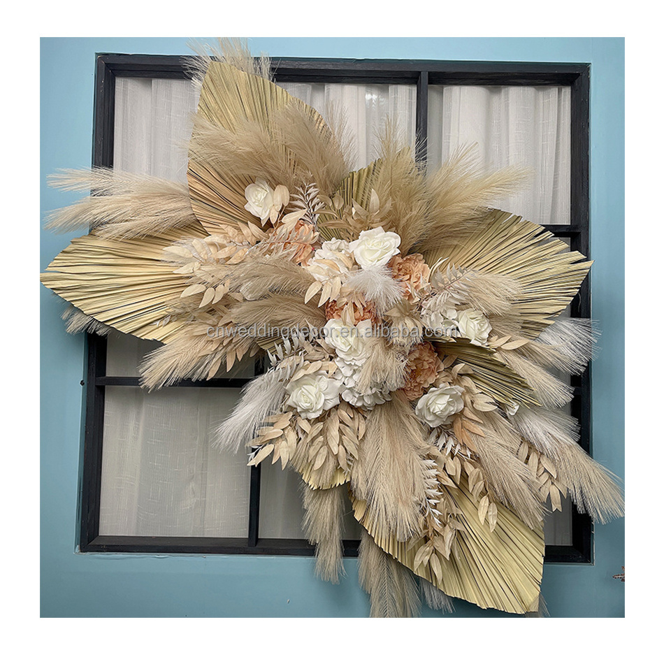 OEM artificial big palm leaves dry pampas flower panel  wedding backdrop frame flowers hanging floral panel