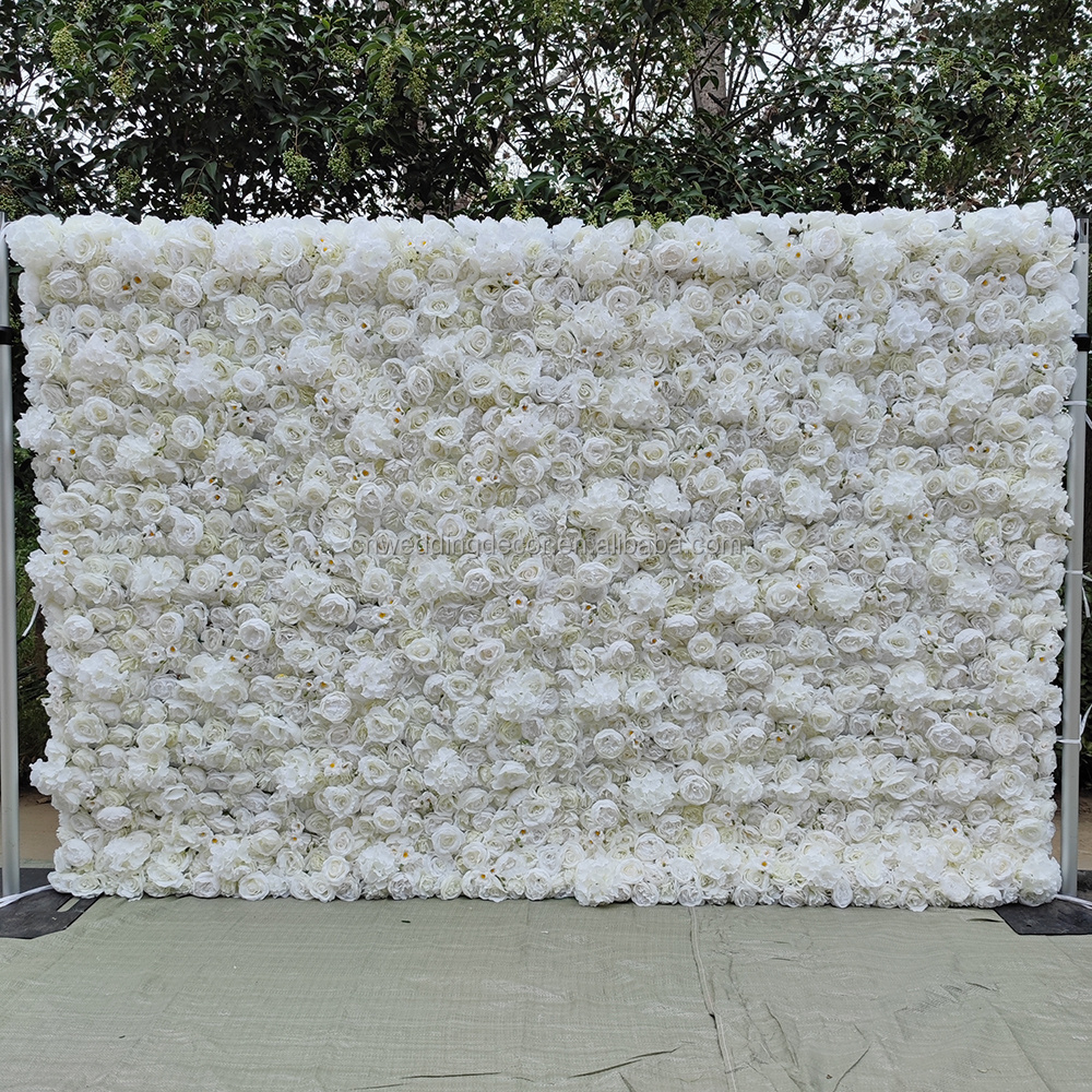 wholesale fabric back roll up white artificial rose floral wall backdrop wedding flower wall backdrop