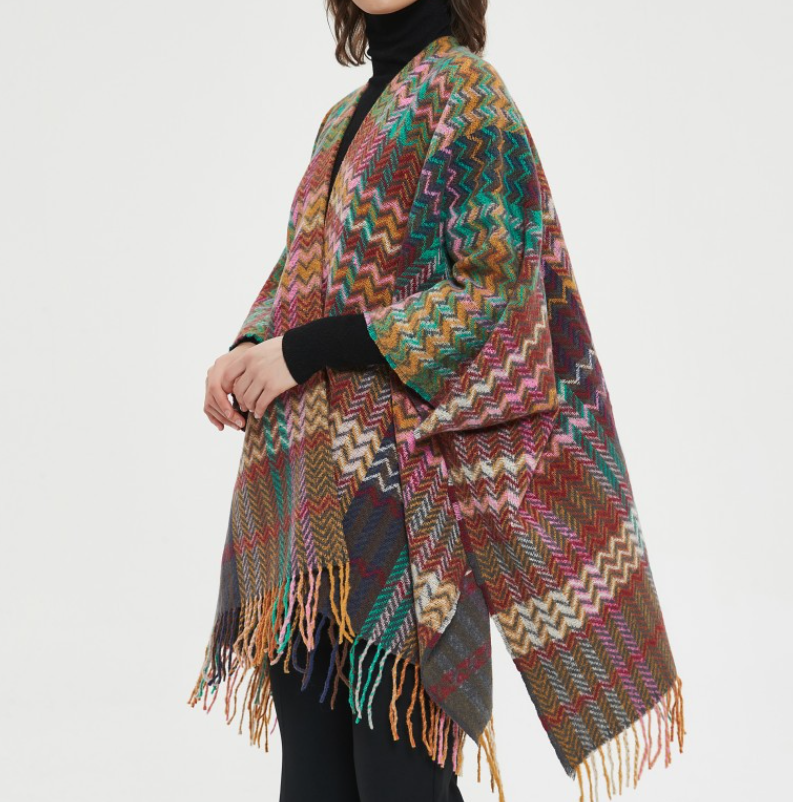 New European and American Spring Autumn  Sleeved shawl with wave pattern tourism ethnic style tassel  Cape Wholesale Poncho