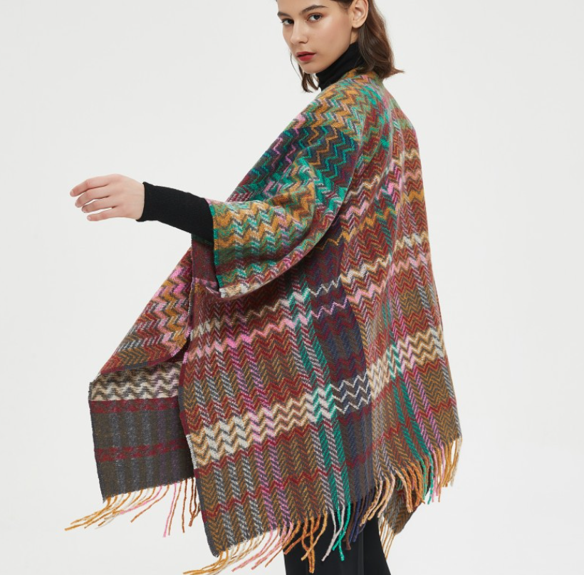 New European and American Spring Autumn  Sleeved shawl with wave pattern tourism ethnic style tassel  Cape Wholesale Poncho