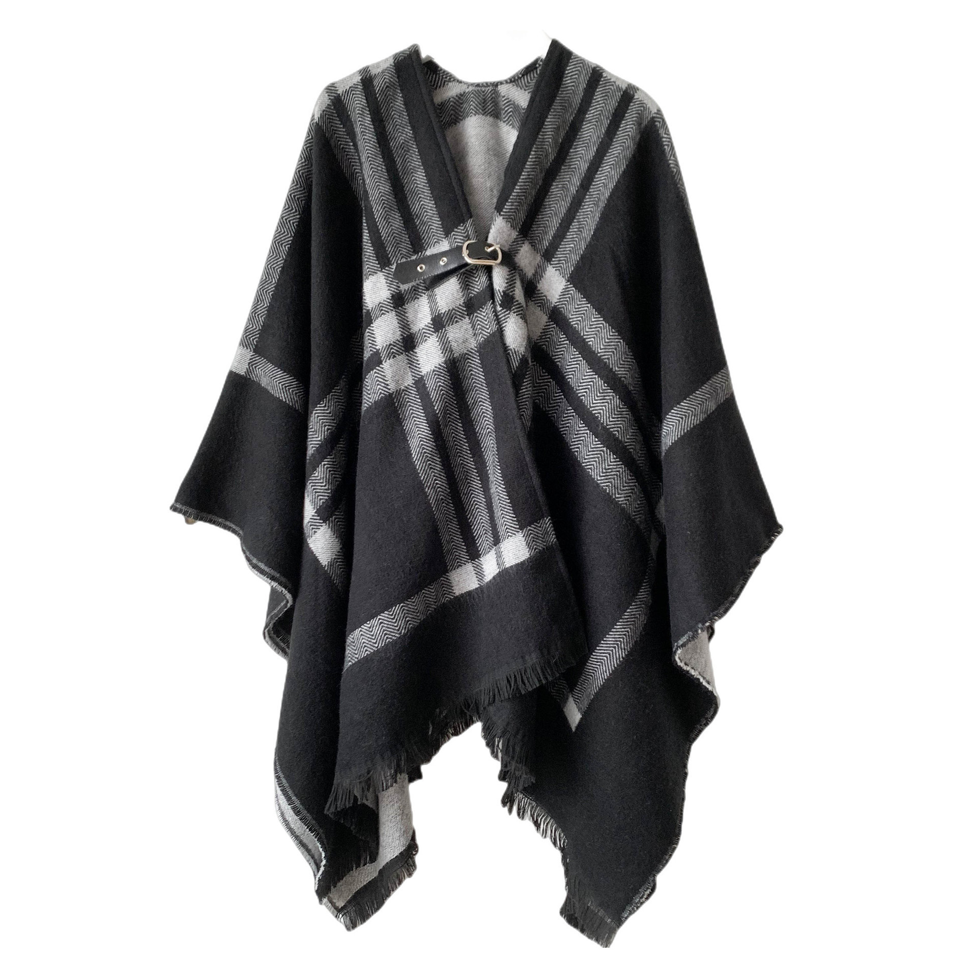 Spring and Autumn Imitations Cashmere Black and White Plaid leather buckle Wholesale Poncho Fashion Cloak  Shopping