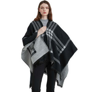 Spring and Autumn Imitations Cashmere Black and White Plaid leather buckle Wholesale Poncho Fashion Cloak  Shopping