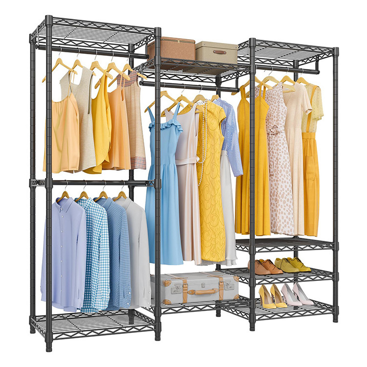 High Quality Portable Closet Wardrobe Display Metal Clothes Clothing Rack With Shelves