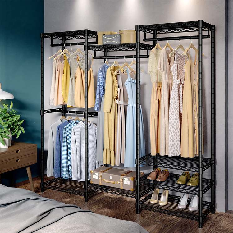 High Quality Portable Closet Wardrobe Display Metal Clothes Clothing Rack With Shelves