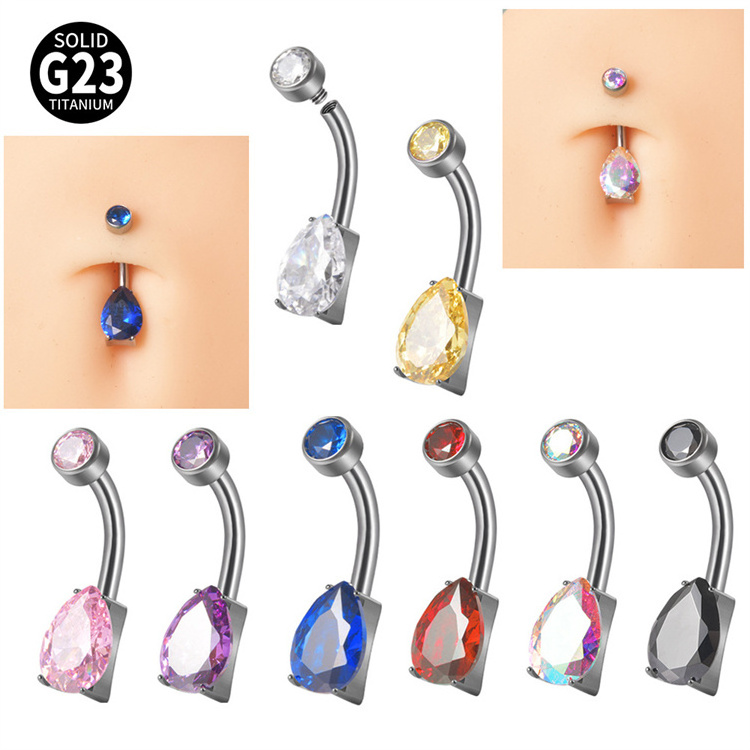 Drop Shaped Zircon Belly Button Rings G23 Titanium 16g Internal Thread Curved Rod Color Zircon Navel Ring Piercing Jewelry