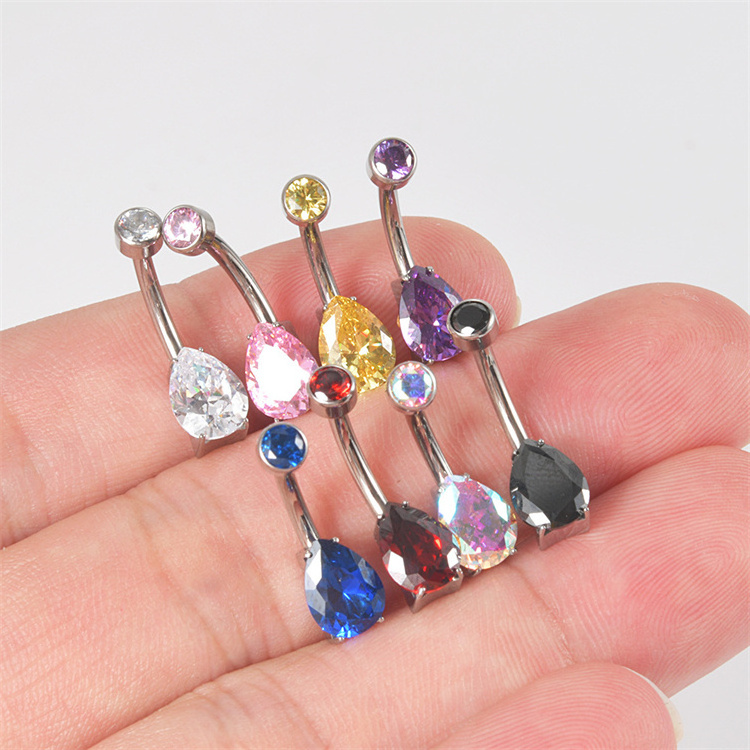 Drop Shaped Zircon Belly Button Rings G23 Titanium 16g Internal Thread Curved Rod Color Zircon Navel Ring Piercing Jewelry