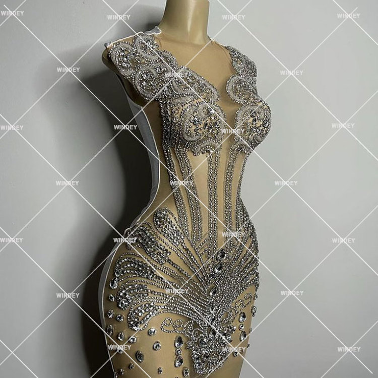 Blingbling Date Night Rhinestone Mesh Dresses Dinner Sexy Transparent Night Gown For Ladies