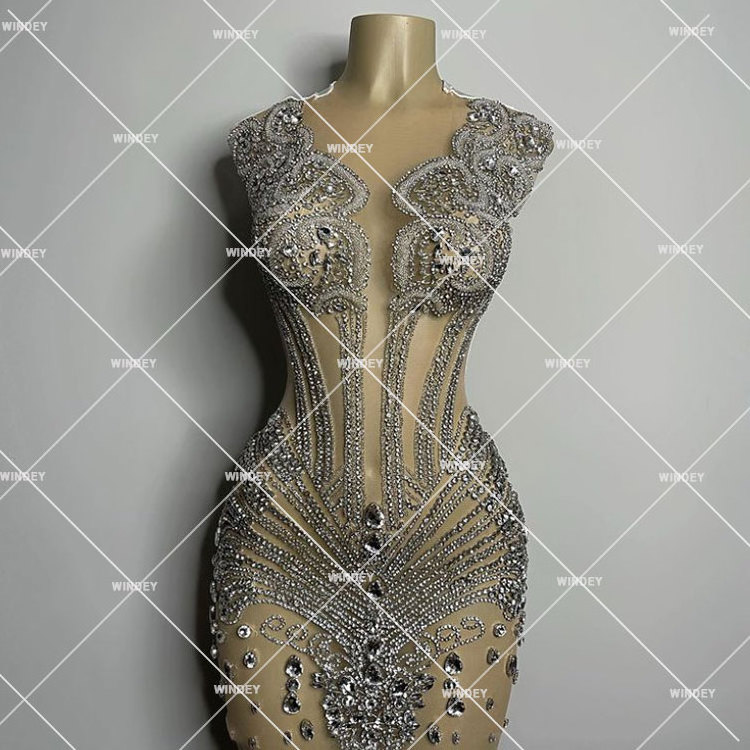 Blingbling Date Night Rhinestone Mesh Dresses Dinner Sexy Transparent Night Gown For Ladies