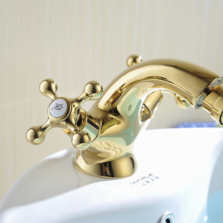 Gold Solid Brass Bathroom Faucet Bathroom Taps Basin Mixer Deck Mounted Cold Hot Water Tap Bathroom Mixer Washbasin Faucet